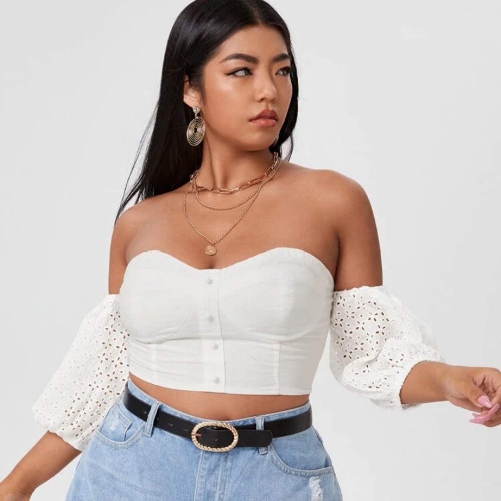 Plus eyelet Bardot cropped top
